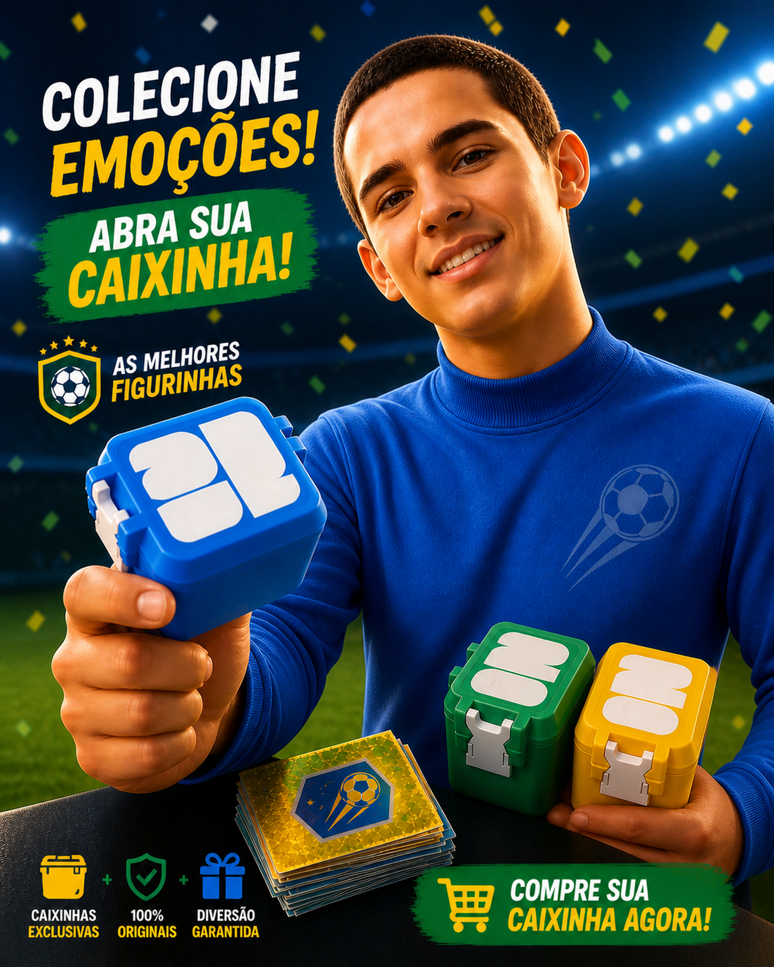 Caixinhas Henrique 3D azul, verde e amarela com figurinhas